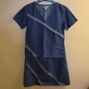 Vintage Carolina Blues Denim Top Skirt Embroidered Fringe Sz Medium 100% Cotton